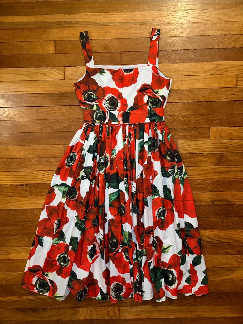 Dolce & Gabbana Cotton Sun Dress with Anemone - Red Floral Midi - IT 44 - US 8 - Picture 8 of 12
